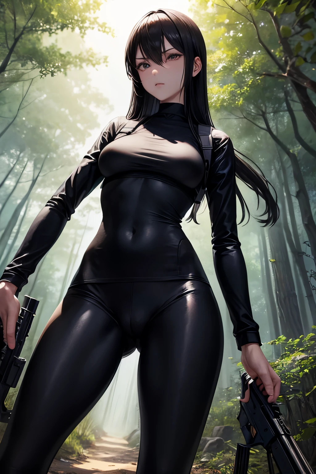 slender girl, frail frame wearing rifle on back, wearing tight black leggings with a cameltoe, hiking through the woods