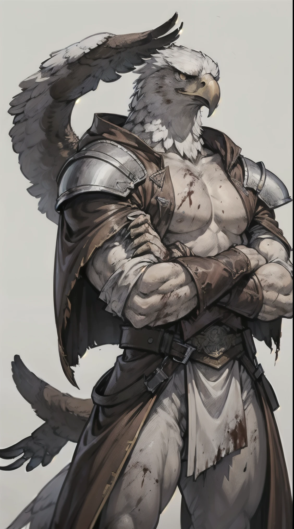 Portrait, Anthropomorphic, big, strong, arms crossed, bloody claws, heroic pose, real eagle assassin, ((blood in his claws)), (eagle man), (white eagle head), ((wearing a full brown leather robes)), (fantasy creature), white background