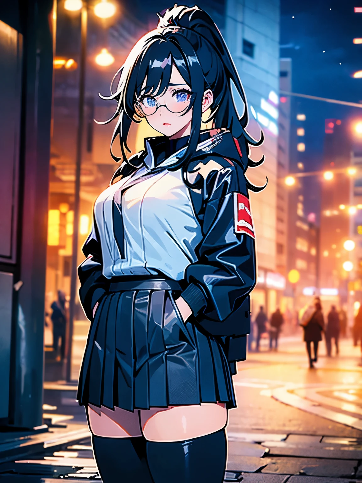 beautiful, alone, 1 chubby woman, long hair tied in a ponytail, black hair, blue highlights at the ends of her hair, silver eyes (detailed eyes), determined look, embarrassed expression, red lips (perfect lips), wide hips, thick leg, black leather kimono, pleated skirt, long fur jacket, futuristic, cyberpunk, cinematic angle, cinematic lighting, artwork, best quality, nsfw,