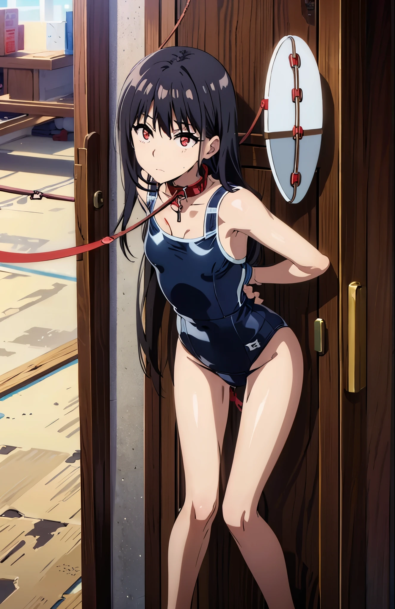 black hair,red eyes((((school swimsuit,bound,collar,leash)))),long hair
