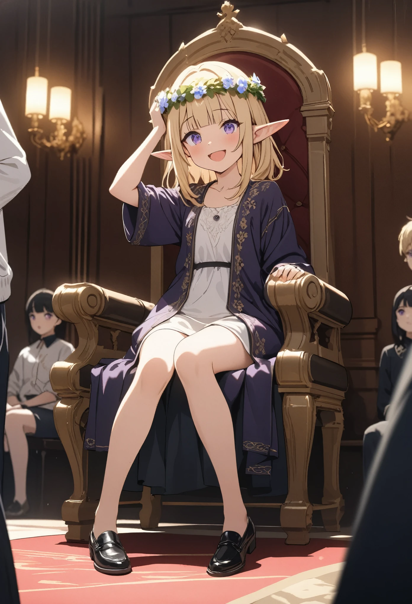 ((Masterpiece)), (Anime:1.3), ((best quality)), (super detail:1.2), (High Definition:1.3), (Professional Photography:1.2), (full body), (12 years old), 1girl, cute young girl, (Laughing), open mouth, (Beautiful purple eyes:1.3), (Glossy skin), ((elf girl)), (embroidery Noble cardigan), (small chest), slim body, (loose blunt bangs), unruly hair, (medium hair), ((beautiful blond hair)), (put on noble head wreath), BREAK, ((best quality)), (Sitting on the gorgeous tall throne), (Audience Room at the Royal Castle), (sharp focus), (perfect light), (vibrant color),