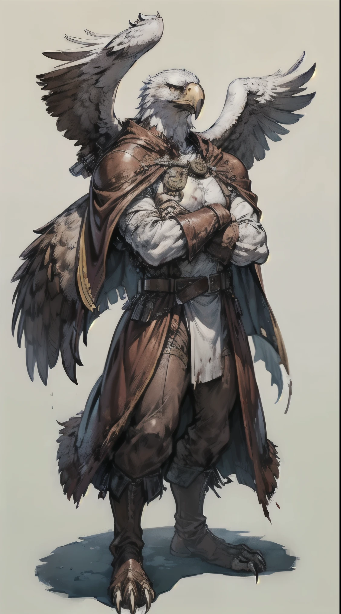 Portrait, Anthropomorphic, big, strong, arms crossed, bloody claws, heroic pose, real eagle assassin, ((blood in his claws)), (eagle man), (white eagle head), ((wearing a full brown leather robes)), (fantasy creature), white background