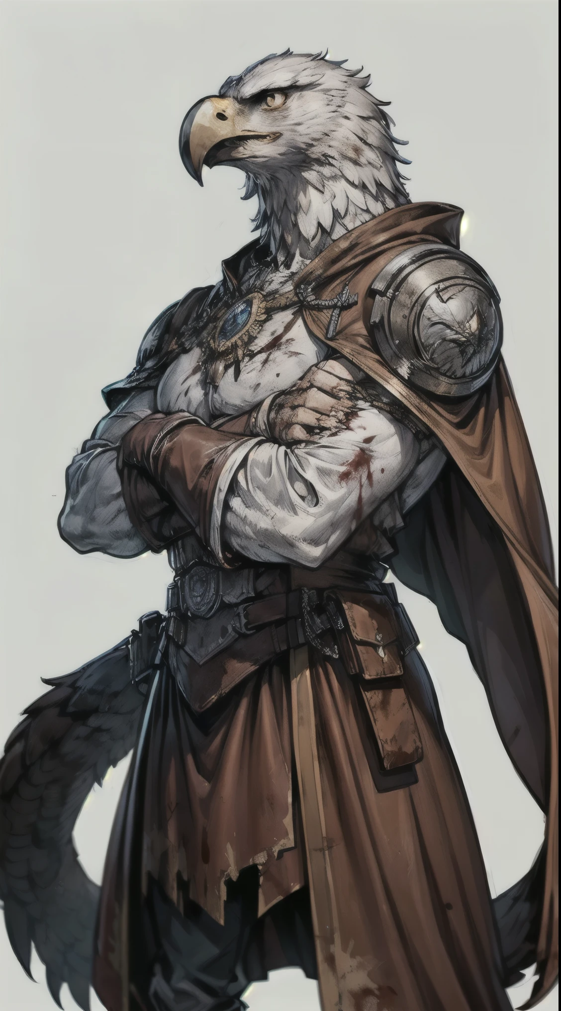 Portrait, Anthropomorphic, big, strong, arms crossed, bloody claws, heroic pose, real eagle assassin, ((blood in his claws)), (eagle man), (white eagle head), ((wearing a full brown leather robes)), (fantasy creature), white background