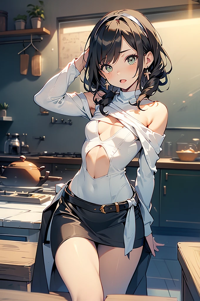 (small breasts:1.3), (perky chest:1.1), (pointed chest:1.0), (fashion magazine cover:1.3),(from below:1.0),(from side:0.9),masterpiece, 1girl, Amazing Cleavage:1.1, thin waist, big ass, Raised sexy, small breast: 1.3, posed cleavage:1.2、solo, looking at viewer, open mouth, have a cute grass of cute beergrass,black hair, dark green eyes, dress, bare shoulders, jewelry, collarbone, sidelocks, hairband, earrings, indoors, off shoulder, :o, sweater, arms behind back, plant, short hair with long locks, gild hairband, off-shoulder dress, sweater dress, off-shoulder sweater, red sweater, dark gord hair, big side hair, very long side hair,is rendered in (masterpiece: 1.2, best quality), with (ultra high resolution) and an exquisite (depth of field). This masterpiece is not only visually stunning but also tells,A scene of cooking in the kitchen by classroom