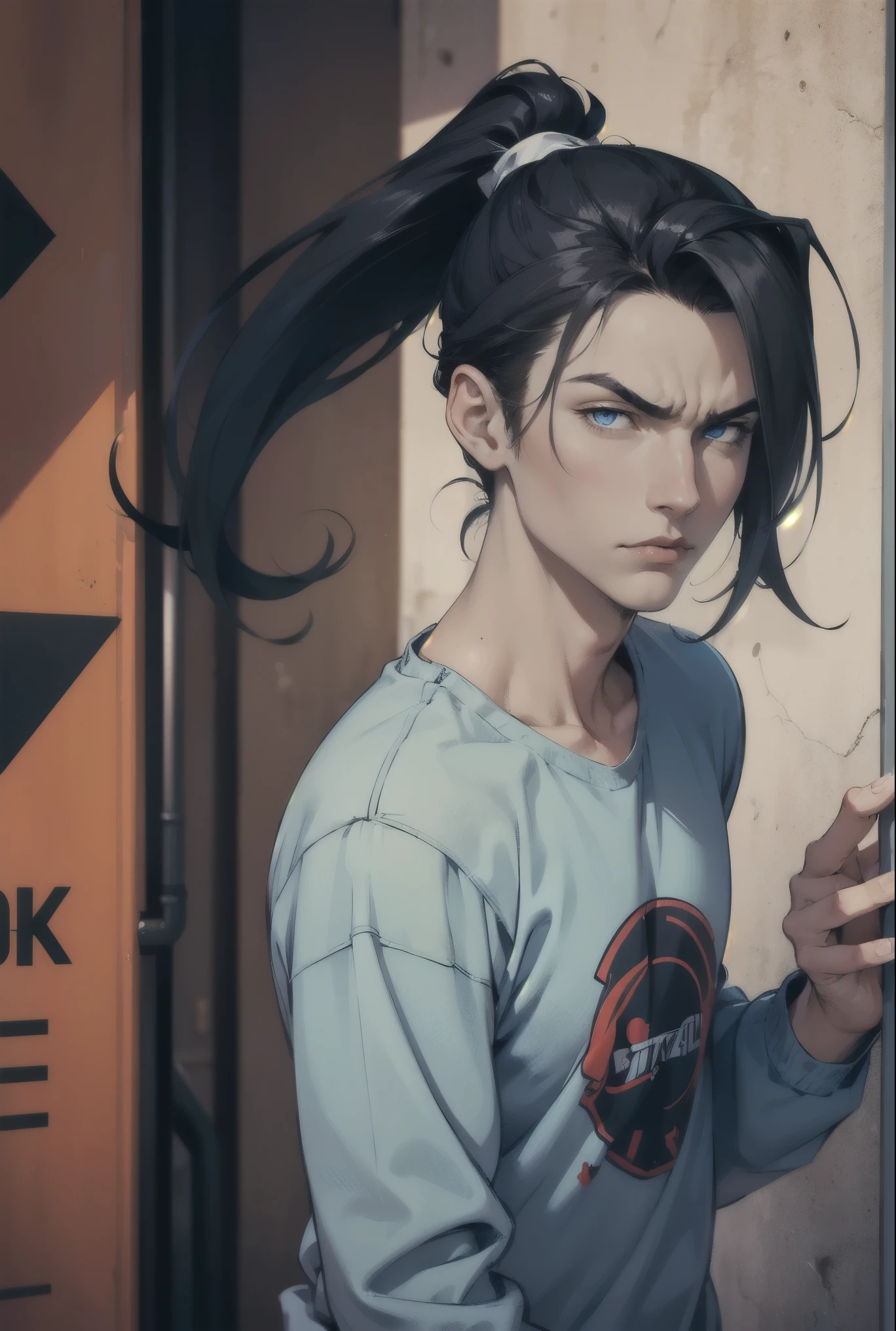 young man. slender, slight, lanky, lithe, slim build, intelligent, blue eyes, black hair, straight hair, long hair, dark hair bound up in a ponytail, (((ponytail))), pale skin, serious expression, urban casual clothes, going through breakup, Stern fase, action pose