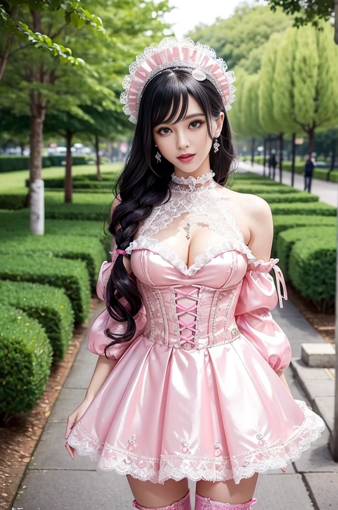 sexy stylish Swedish model, only 1 female, ((doll-like appearance)), long neon pink stylish hair, ((shiny Victorian-Style boots)), (big smile), ultra detailed eyes, vivid eye makeup, lipgloss, long lashes, defined eyebrows, ((sexy Paradise Kiss cosplay)), bell-shaped skirt, petticoats, high neckline, puffed sleeves, ((ultra detailed lace)), ((ultra detailed embroidery)), intricate details, Paradise Kiss accessoires and matching headpiece, choker, ((large sparkling Paradise Kiss jewelry)), cinematic light, detailed large park background with trees