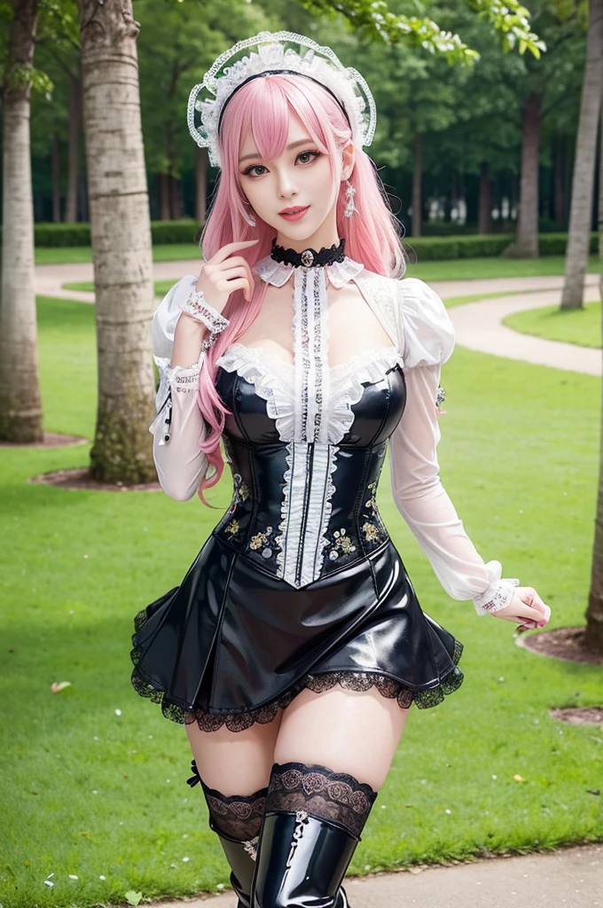 sexy stylish Swedish model, only 1 female, ((doll-like appearance)), long neon pink stylish hair, ((shiny Victorian-Style boots)), (big smile), ultra detailed eyes, vivid eye makeup, lipgloss, long lashes, defined eyebrows, ((sexy Paradise Kiss cosplay)), bell-shaped skirt, petticoats, high neckline, puffed sleeves, ((ultra detailed lace)), ((ultra detailed embroidery)), intricate details, Paradise Kiss accessoires and matching headpiece, choker, ((large sparkling Paradise Kiss jewelry)), cinematic light, detailed large park background with trees 