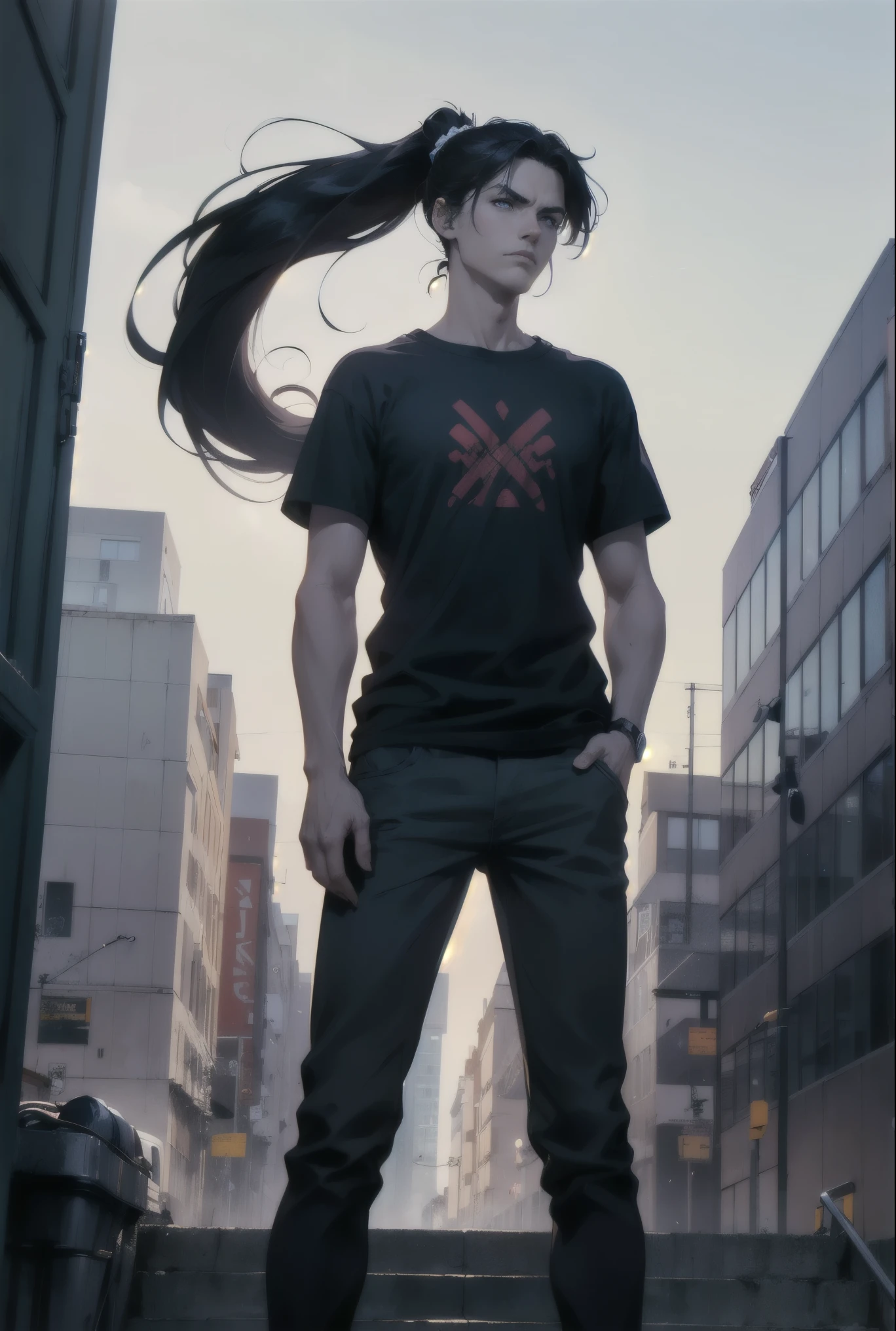 ((male)), young man, slender, slight, lanky, lithe, intelligent, blue eyes, black hair, straight hair, long hair, dark hair bound up in a ponytail, (((ponytail))), pale skin, serious expression, urban casual clothes, going through breakup, Stern fase, action pose
