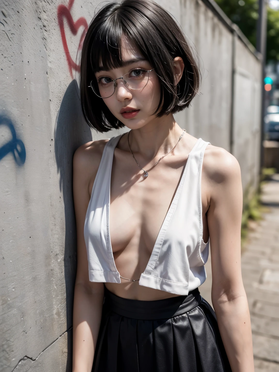 raw photo, 8k, (high quality), realistic, (real image, intricate details), (natural skin texture, detailed skin, hyper realism, sharpness), (Japanese teenage girl standing in an alley at night,, graffiti wall :1.3, hand on head, armpits exposed), ((tight white tank top, black skirt)), (((normal chest :1.5))), (pale skin), ((short hair, short bangs)), ( glasses, attractive face, lips parted:1.3), thigh, graffiti:1.5, spot:1.3, full body photo