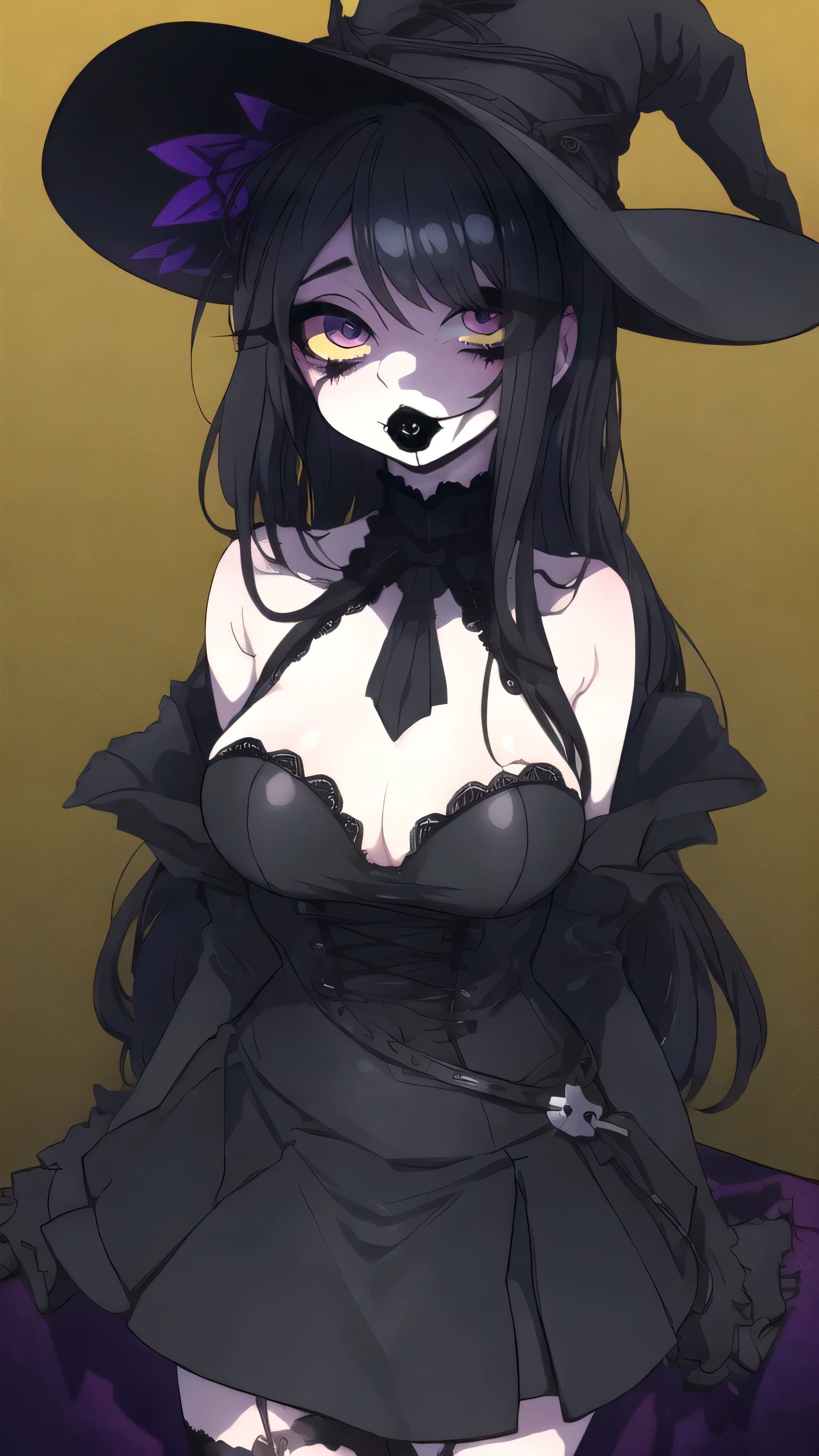 A gothic girl with long hair and shadow under her eyes, mouth with black lipstick