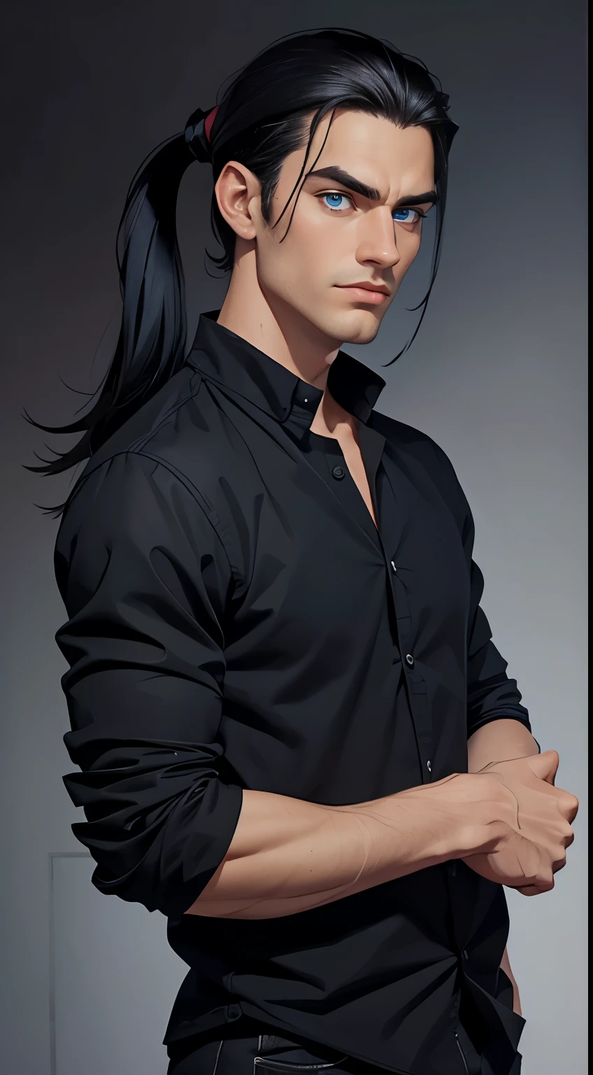 masterpiece, best quality:1.4), portrait Solo, Handsome man, european, blue eyes, black hair, long black hair, pony tail, pale skin, casual clothes, serious eyes,