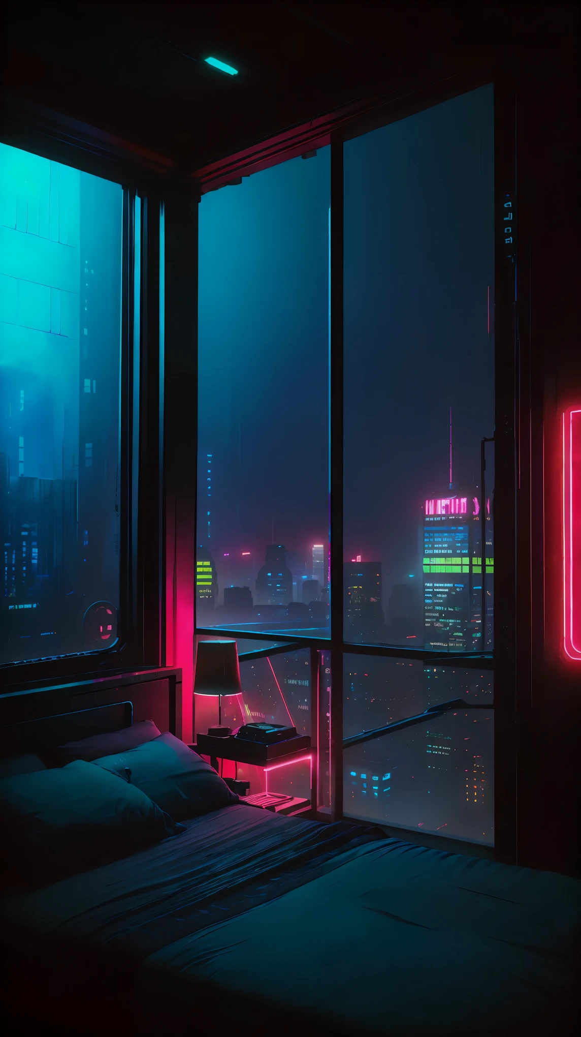 conceito:(((This is a photographic work of art there are two beds in a room with a large window overlooking the city from the 7th floor, cyberpunk room at night, quarto de adolescente cyberpunk, quarto cyberpunk, the apartamento ciberpunk, apartamento ciberpunk, apartamento bladerunner, Dystopian apartment in the city, cinematic neon matte painting, cyberpunk dreamscape, atmosfera ciberpunk, estilo cyberpunk hiper-realista, em uma sala com tema cyberpunk, cidade cyberpunk hiper-realista, Cyberpunk cyberpunk vibe.)))。 qualidade:(最高quality, 4k, 8K, high resolution, Obra de arte:1.2), Super detalhado, (realista, Photorealista, Photorealista:1.37), lighting: cinematic light, Cores brilhantes e efeitos hipnotizantes em tons de azul e vermelho, medium contrast between dark and bright light, sombras e destaques, Elementos SF, Subject information: