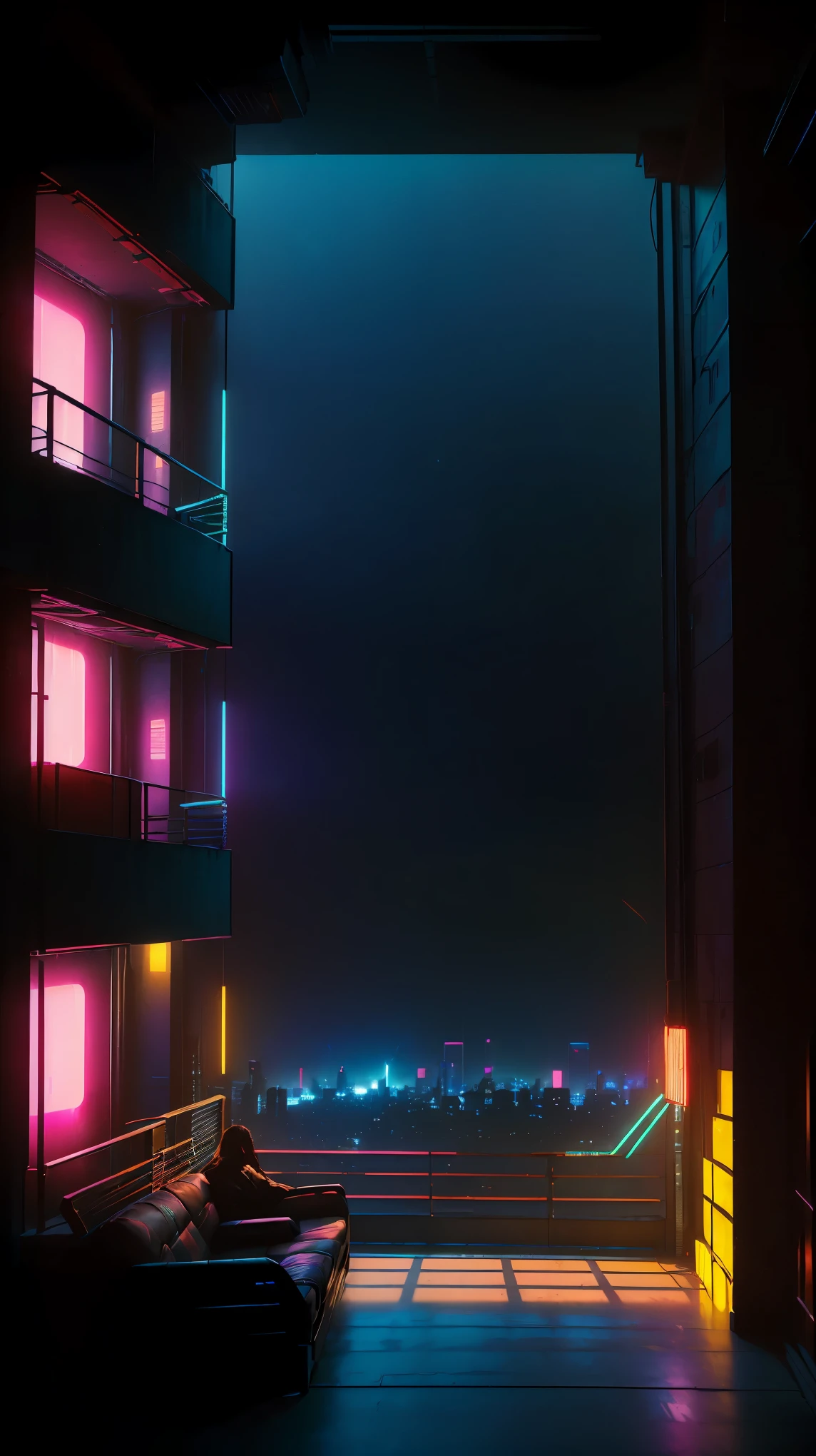 conceito:(((This is a photographic work of art there are two beds in a room with a large window overlooking the city from the 7th floor, cyberpunk room at night, quarto de adolescente cyberpunk, quarto cyberpunk, the apartamento ciberpunk, apartamento ciberpunk, apartamento bladerunner, Dystopian apartment in the city, cinematic neon matte painting, cyberpunk dreamscape, atmosfera ciberpunk, estilo cyberpunk hiper-realista, em uma sala com tema cyberpunk, cidade cyberpunk hiper-realista, Cyberpunk cyberpunk vibe.)))。 qualidade:(最高quality, 4k, 8K, high resolution, Obra de arte:1.2), Super detalhado, (realista, Photorealista, Photorealista:1.37), lighting: cinematic light, Cores brilhantes e efeitos hipnotizantes em tons de azul e vermelho, medium contrast between dark and bright light, sombras e destaques, Elementos SF, Subject information: