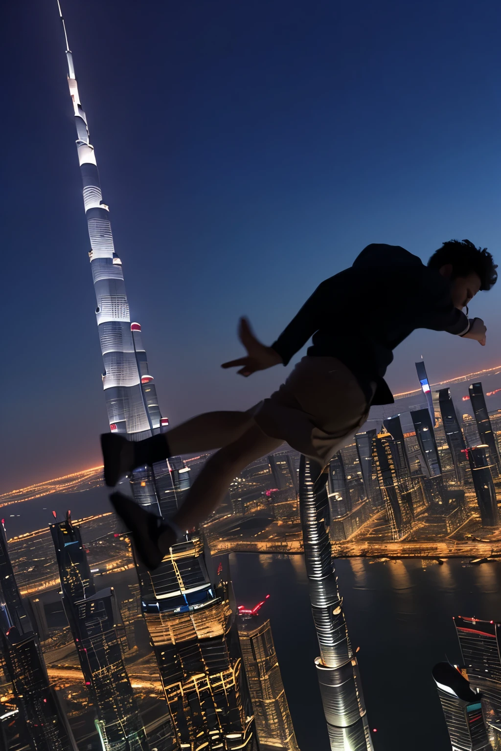 A night scene in shades of blue shows a young man falling from the top of Burj Khalifa to the ground