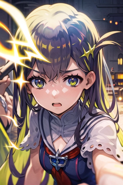 Mirada seria, ojos verde opaco, traje de secundaria, cabello negro con mechas verdes, estilo anime, esta en el Instituto