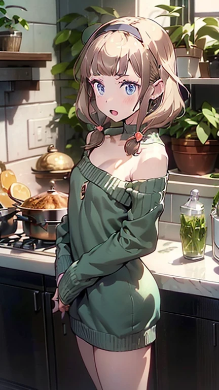 (small breasts:1.3), (perky chest:1.1), (pointed chest:1.0), (fashion magazine cover:1.3),(from below:1.0),(from side:0.9),masterpiece, 1girl, Amazing Cleavage:1.1, thin waist, big ass, Raised sexy, small breast: 1.3, posed cleavage:1.2、solo, looking at viewer, open mouth, have a cute grass of cute beergrass,black hair, dark green eyes, dress, bare shoulders, jewelry, collarbone, sidelocks, hairband, earrings, indoors, off shoulder, :o, sweater, arms behind back, plant, short hair with long locks, gild hairband, off-shoulder dress, sweater dress, off-shoulder sweater, red sweater, dark gord hair, big side hair, very long side hair,is rendered in (masterpiece: 1.2, best quality), with (ultra high resolution) and an exquisite (depth of field). This masterpiece is not only visually stunning but also tells,A scene of cooking in the kitchen by classroom