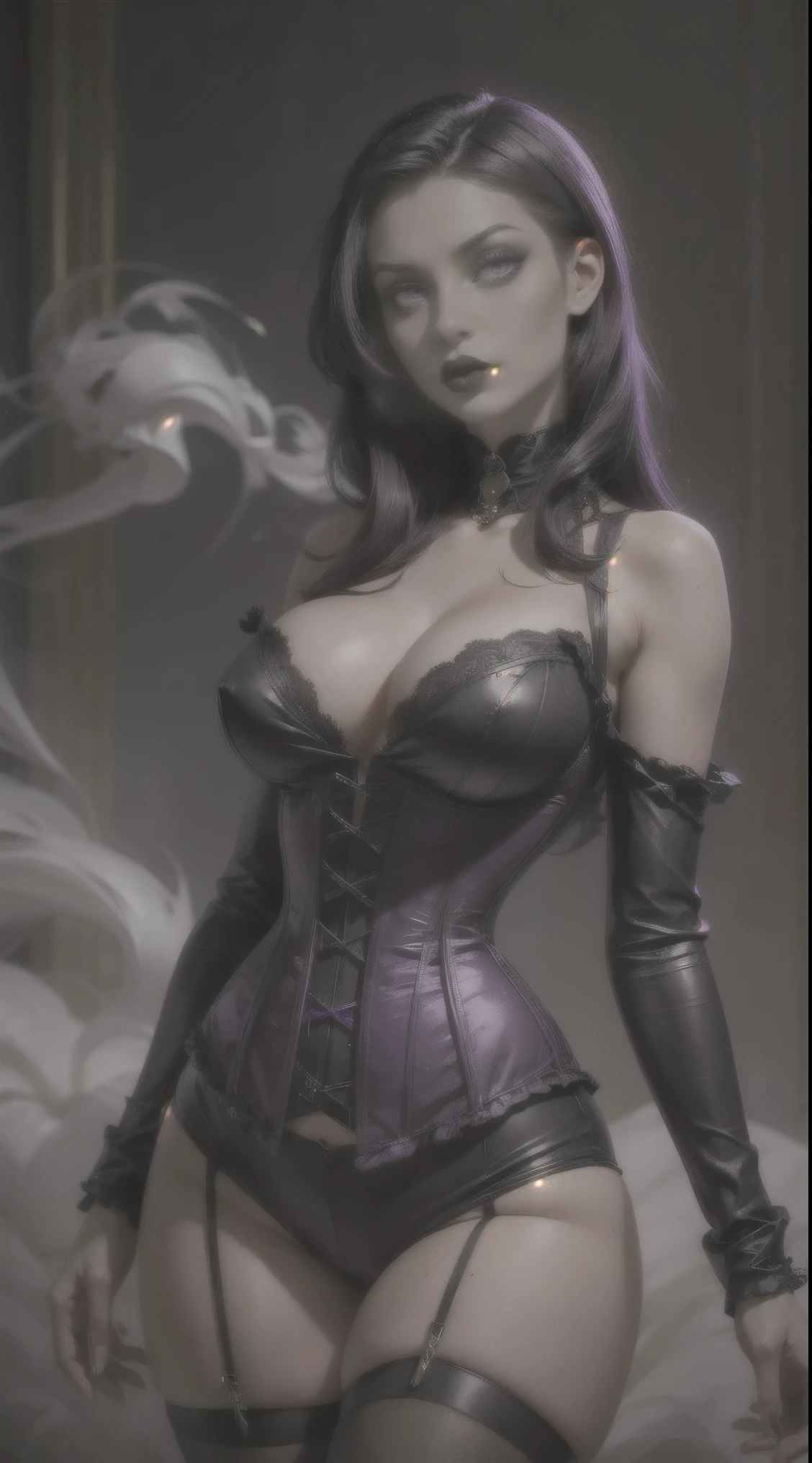 Morgana is shown to have a fairly slender figure. She has black hair , she has black hair, ((pale skin)), ((purple eyes)), black lips, black makeup, smokey eyes, (((black lipstick))), woman girl wearing a black corset. This picture suggests tension and preparation for the final event to occur, as the girl seems almost helpless to face her inevitable fate., cleavage exposed, big breasts, superior quality, many details, Puri focus Sharp and realistic, nsfw