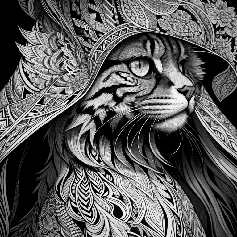 maincoon, black and white, zentangle (best quality) ultra-detailed, fine line drawing, fine line art, coloring book illustration style, intricate line work, highly detailed illustration, perfect composition, beautiful and impressive, dynamic angle, high contrast, amazing shading, incredible details, unique style, black and white details, (dark and mystical atmosphere), intricate and detailed nature elements, no grayscale, white background.