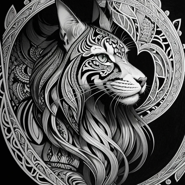 maincoon, black and white, zentangle (best quality) ultra-detailed, fine line drawing, fine line art, coloring book illustration style, intricate line work, highly detailed illustration, perfect composition, beautiful and impressive, dynamic angle, high contrast, amazing shading, incredible details, unique style, black and white details, (dark and mystical atmosphere), intricate and detailed nature elements, no grayscale, white background.