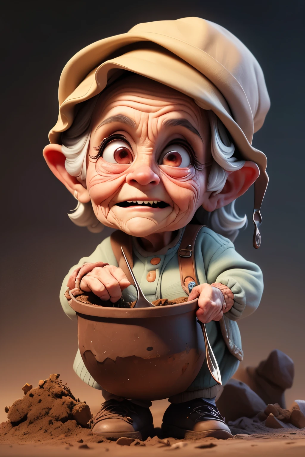 a very old woman, wrinkled face, digging soil with a tiny spoon, amusing expression, comical, humorous, meme, surreal, whimsical, (best quality, 8k, highres, masterpiece:1.2), ultra-detailed, photorealistic, cinematic lighting, dramatic shadows, vibrant colors