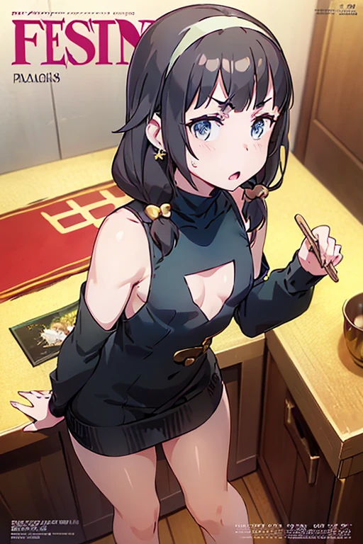 (small breasts:1.3), (perky chest:1.1), (pointed chest:1.0), (fashion magazine cover:1.3),(from above:1.0),(from side:0.9),masterpiece, 1girl, Amazing Cleavage:1.1, thin waist, big ass, Raised sexy, small breast: 1.3, posed cleavage:1.2、solo, looking at viewer, open mouth, have a cute grass of cute beergrass,black hair, dark green eyes, dress, bare shoulders, jewelry, collarbone, sidelocks, hairband, earrings, indoors, off shoulder, :o, sweater, arms behind back, plant, short hair with long locks, gild hairband, off-shoulder dress, sweater dress, off-shoulder sweater, red sweater, dark gord hair, big side hair, very long side hair,is rendered in (masterpiece: 1.2, best quality), with (ultra high resolution) and an exquisite (depth of field). This masterpiece is not only visually stunning but also tells,A scene of cooking in the kitchen by classroom