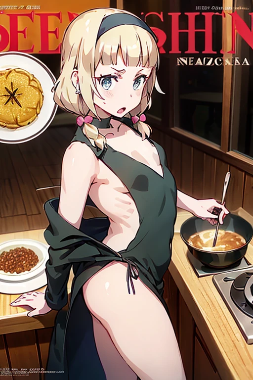 (small :1.3), (perky chest:1.1), (pointed chest:1.0), (fashion magazine cover:1.3),(from above:1.0),(from side:0.9),masterpiece, 1girl, Amazing Cleavaghin waist, big ass, Raised sexsmall breast.3, posed cl:1.2、solo, looking r, open mou have a cute grass of cute beergrass,black hair, dark green eyes, dress, bare shoulders, jewelry, collarbone, sidelocks, hairband, earrings, indoors, off shoulder, :o, sweater, arms behind back, plant, short hair with long locks, gild hairband, off-shoulder dress, sweater dress, off-shoulder sweater, red sweater, dark gord hair, big side hair, very long side hair,is rendered in (masterpiece: 1.2, best quality), with (ultra high resolution) and an exquisite (depth of field). This masterpiece is not only visually stunning but also tells,A scene of cooking in the kitchen by classroom