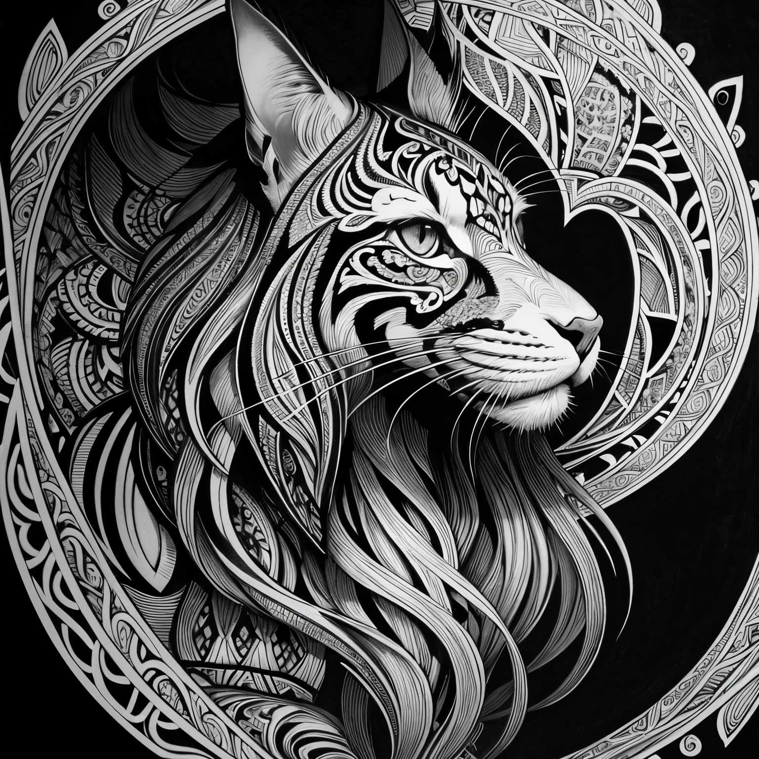 maincoon, black and white, zentangle (best quality) ultra-detailed, fine line drawing, fine line art, coloring book illustration style, intricate line work, highly detailed illustration, perfect composition, beautiful and impressive, dynamic angle, high contrast, amazing shading, incredible details, unique style, black and white details, (dark and mystical atmosphere), intricate and detailed nature elements, no grayscale, white background.