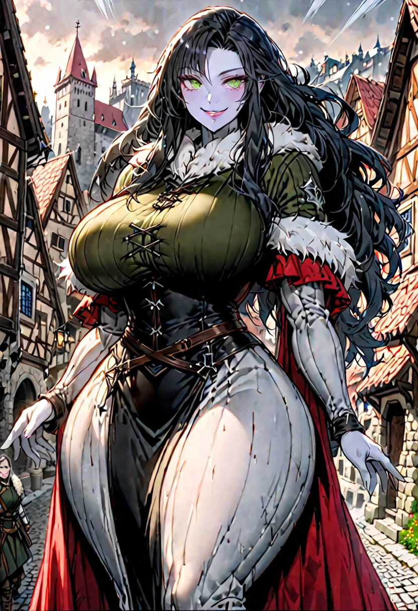 female, solo, long hair, wild hair, black hair, silver streaks in hair, pale skin, scars, green eyes, muscular, exceedingly strong, 8 foot tall, giantess, mischievous smile, warm, huge breasts, village leader, large female, medieval, small town, winter, fur, form-fitting outfit