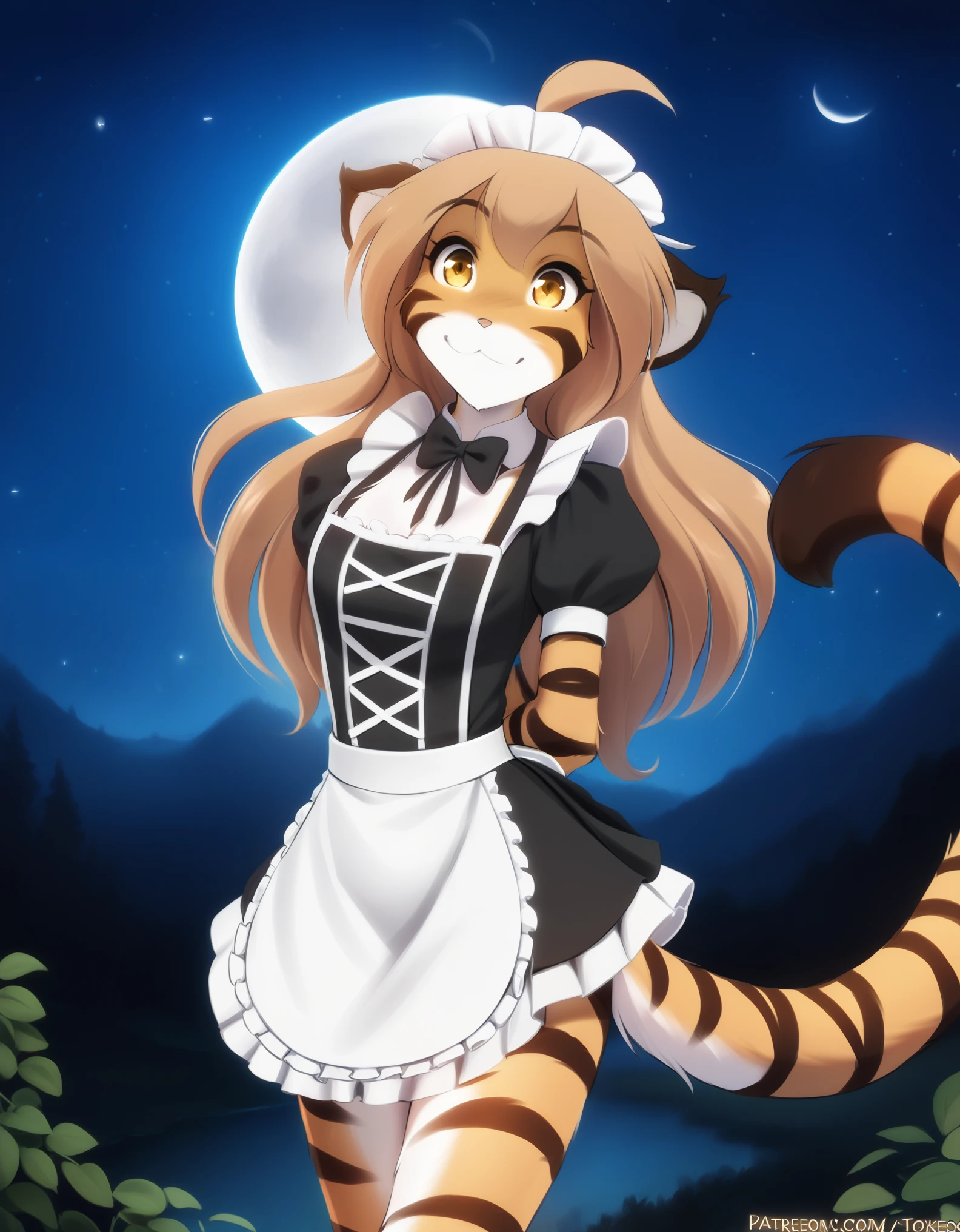 tkflora, felid, keidran, mammal, pantherine, tiger, flora_(twokinds), flora_twokinds, twokinds, personalami, rating:safe, anthro, arm_tuft, forest, night, stars, moon, long brown hair, yellow eyes, long hair ,tiger tail, maid, maid apron, furry female, 