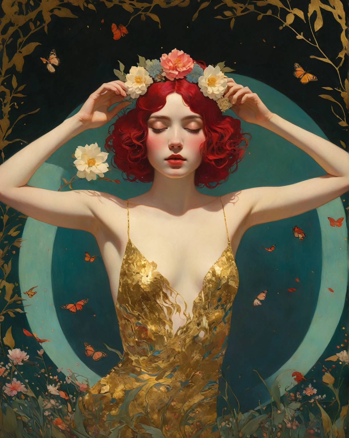 a painting of a woman with a flower crown on her head, flower goddess, woman in flowers, she has a crown of flowers, a goddess in a field of flowers, covered with flowers, mucha klimt and tom bagshaw, girl in flowers, persephone in spring, flower queen, goddess of spring, jinyoung shin art, female portrait with flowers, RAW photo of (adult:1.3),a  female burst of tangy crimson cascades,entwining magic and technology with viscous allure disappears into the shadows,in a neo-expressionist masterpiece of gold embrace,topless,small breasts,hair between eyes,(skinny, thin body:0.4),(chiaroscuro:1.3),(octane render masterpiece,masterpiece scale,beautiful depth of field,ultra wide field,ultra detailed CG perspective,ultra dynamic lighting amazing shadows,dramatic lighting), Convey the sense of inner strength and confidence. Introduce a gentle, atmospheric haze in the environment, creating a soft diffusion of light and giving the impression of gold aura and presence.