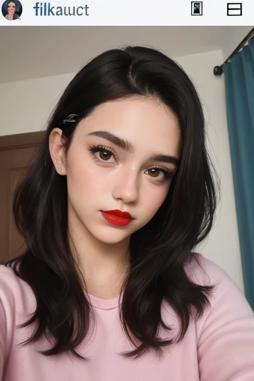 ((melhor qualidade)), ((Obra de arte)), (detalhado), rosto perfeito a close up of a woman with encaracolado hair and red lipstick, video tiktok, instagram story, snapchat story screenshot, trends on tiktok, cabelo molhado, filmagem de baixa qualidade, filmagem granulada, low quality video, selfie de uma jovem, screenshot of youtube video, seu rosto emoldurado por cachos, encaracolado, with filtro do instagrams, 😭🤮 💔, filtro do instagram