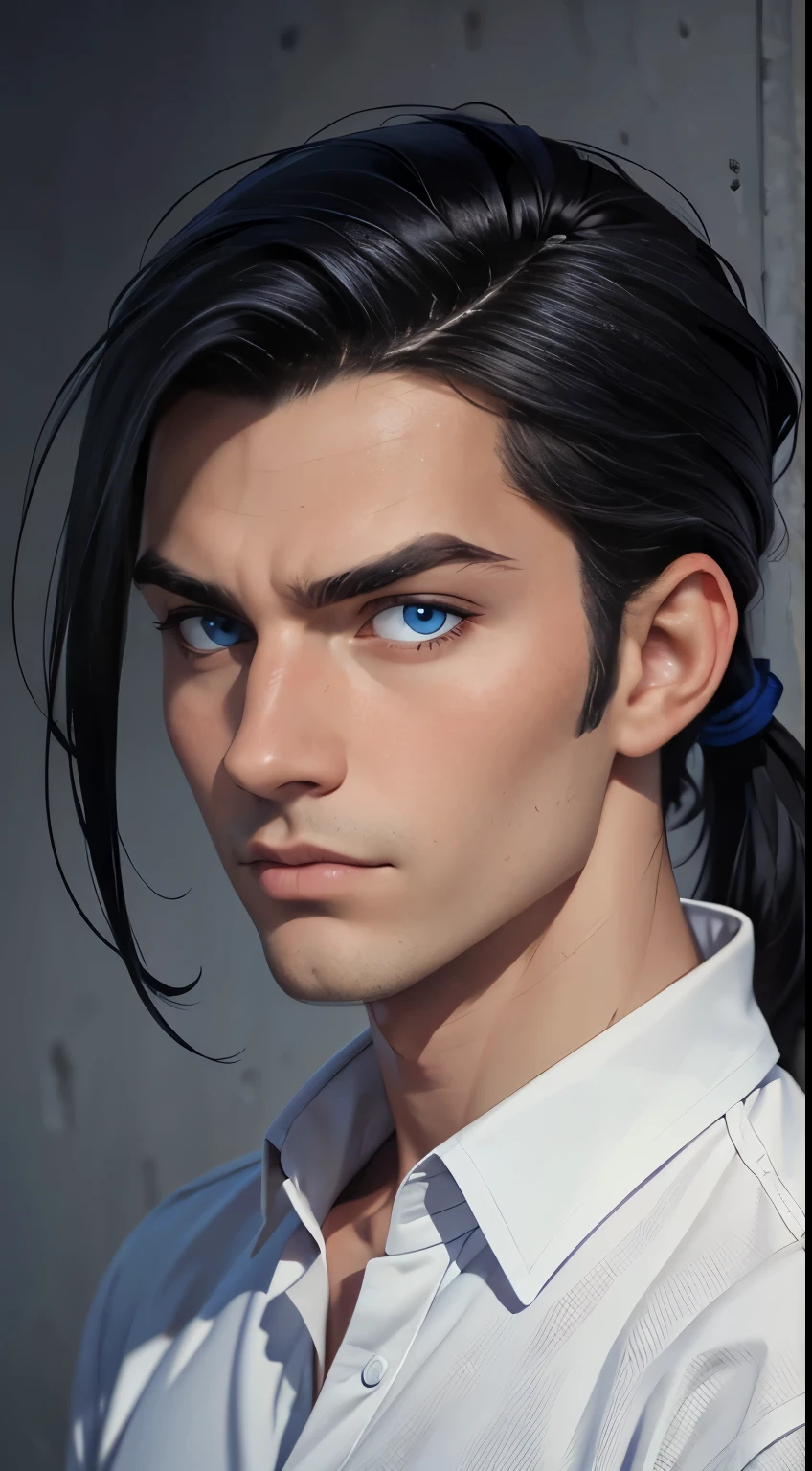 masterpiece, (best quality:1.4), portrait Solo, young male, man, european, blue eyes, black hair, pony tail, pale skin, casual plain clothes, serious eyes