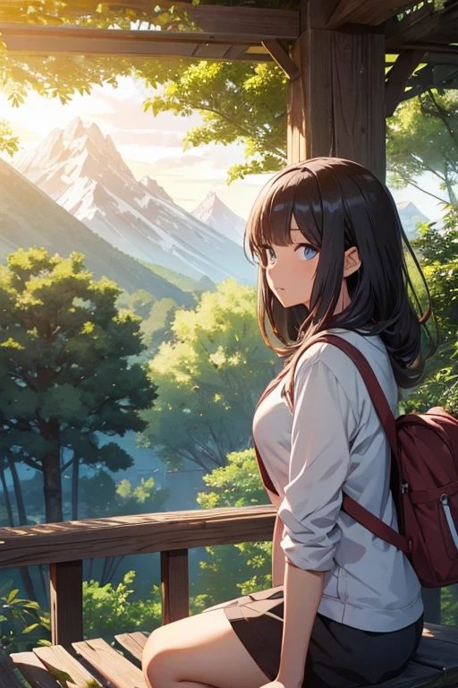 Female anime studying outdoors trees flowers mountain
