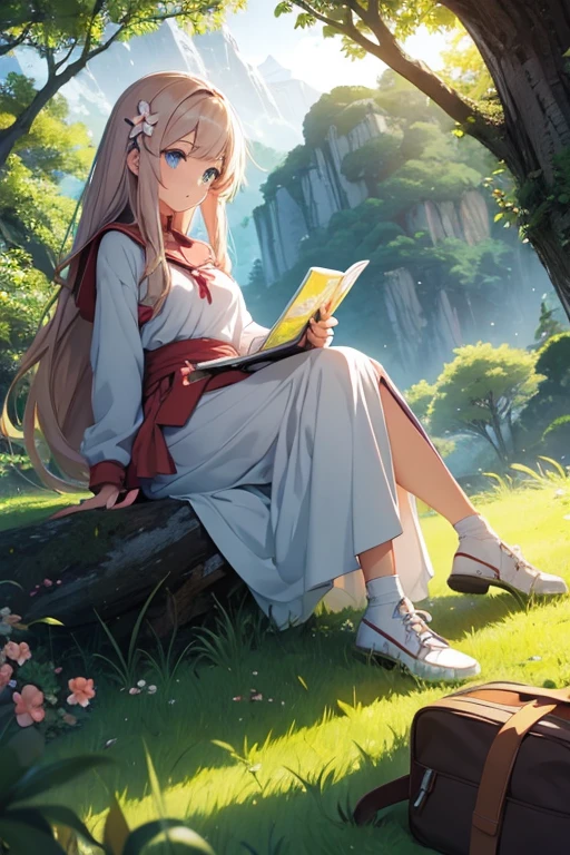 Female anime studying outdoors trees flowers mountain 