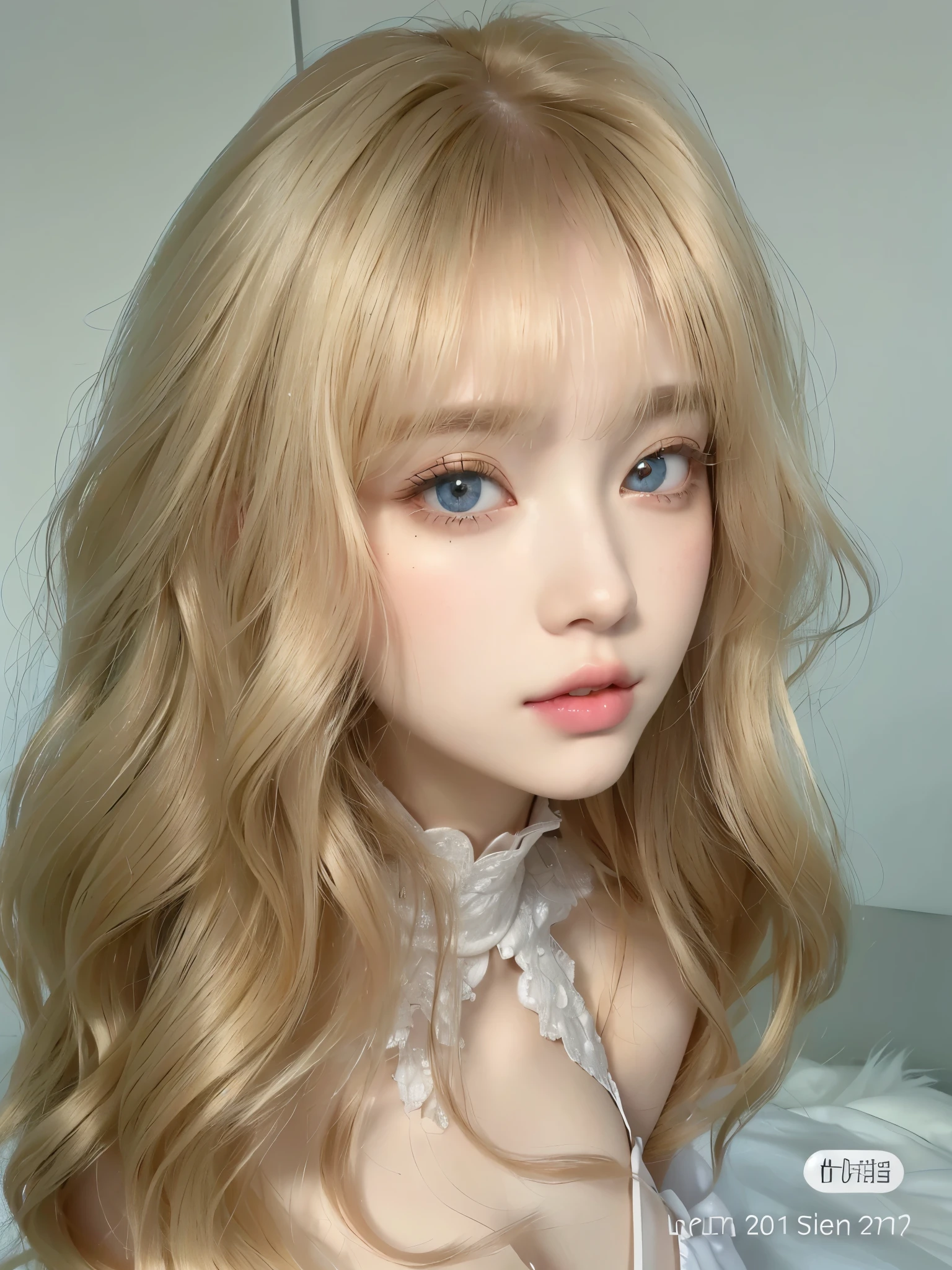 chica de cabello rubio con ojos azules y cabello largo y ondulado, retrato realista kawaii, pelo largo y rubio y ojos grandes, cabello rubio y ojos grandes, long cabello rubio y ojos grandes, pale skin curly blonde hair, pale porcelain white skin, linda cara de anime natural, jointed doll, pale and light skin!!, soft pale golden skin, Lalisa Manobal, extremely pale blonde hair