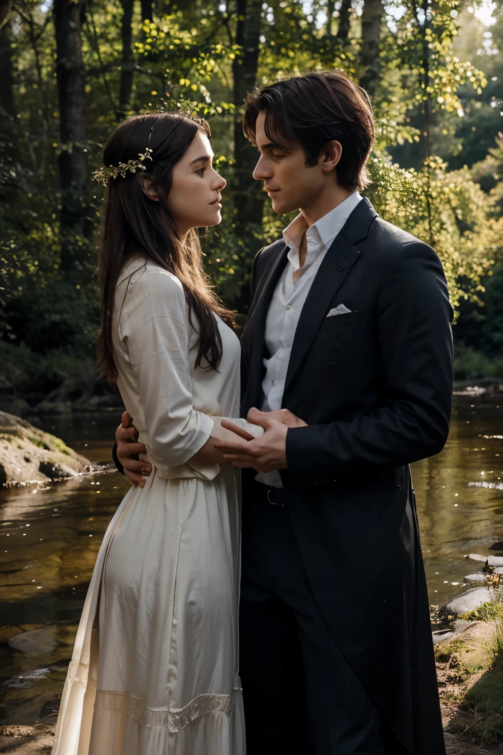 **Description d'une Image de Aaron et Eliora**
**scene**: A hidden clearing in the Forbidden Forest, lit by a soft, golden light from the setting sun. Les arbres environnants sont grands et majestueux, with their branches forming a natural arch above the clearing. Wildflowers of all colors dot the ground, ajoutant une touche de magie à l'atmosphère. Un ruisseau murmure doucement en traversant la clairière, its sparkling waters reflecting the sunlight.
**Eliora**: She is standing by the stream, slightly turned towards Aaron. Her long brown hair is let down, capturing the golden reflections of the sun. Elle porte une robe simple but elegant, de couleur ivoire, qui contraste avec la verdure environnante. Ses yeux brillent d'une curiosité insatiable et d'un mélange de courage et de vulnérabilité. Une main est tendue vers Aaron, comme pour l'inviter à s'ouvrir davantage.
**Aaron**: Il se tient en face d'Eliora, un peu en retrait, son regard intense fixé sur elle. Her black hair is slightly disheveled, et ses yeux sombres semblent cacher des secrets profonds et insondables. Il porte une tenue sombre, simple but elegant, adapted to his role as warrior and wanderer between worlds. He is both seductive and mysterious, with an aura that evokes both dangerousness and irresistibility. His posture is slightly tense, as if he was ready to disappear at any moment, but his look shows that he is captured by the intensity of the moment.
**Ambiance**: L'image dégage une atmosphère de tension et de romance interdite. Le contraste entre la lumière douce du coucher de soleil et les regards intenses des personnages accentue le drame de leur situation. Flowers and stream add a touch of serenity and natural beauty, reinforcing the idea that their love is an oasis of peace in a war-torn world.
Dans cette image, la connexion entre Eliora et Aaron est palpable, every detail