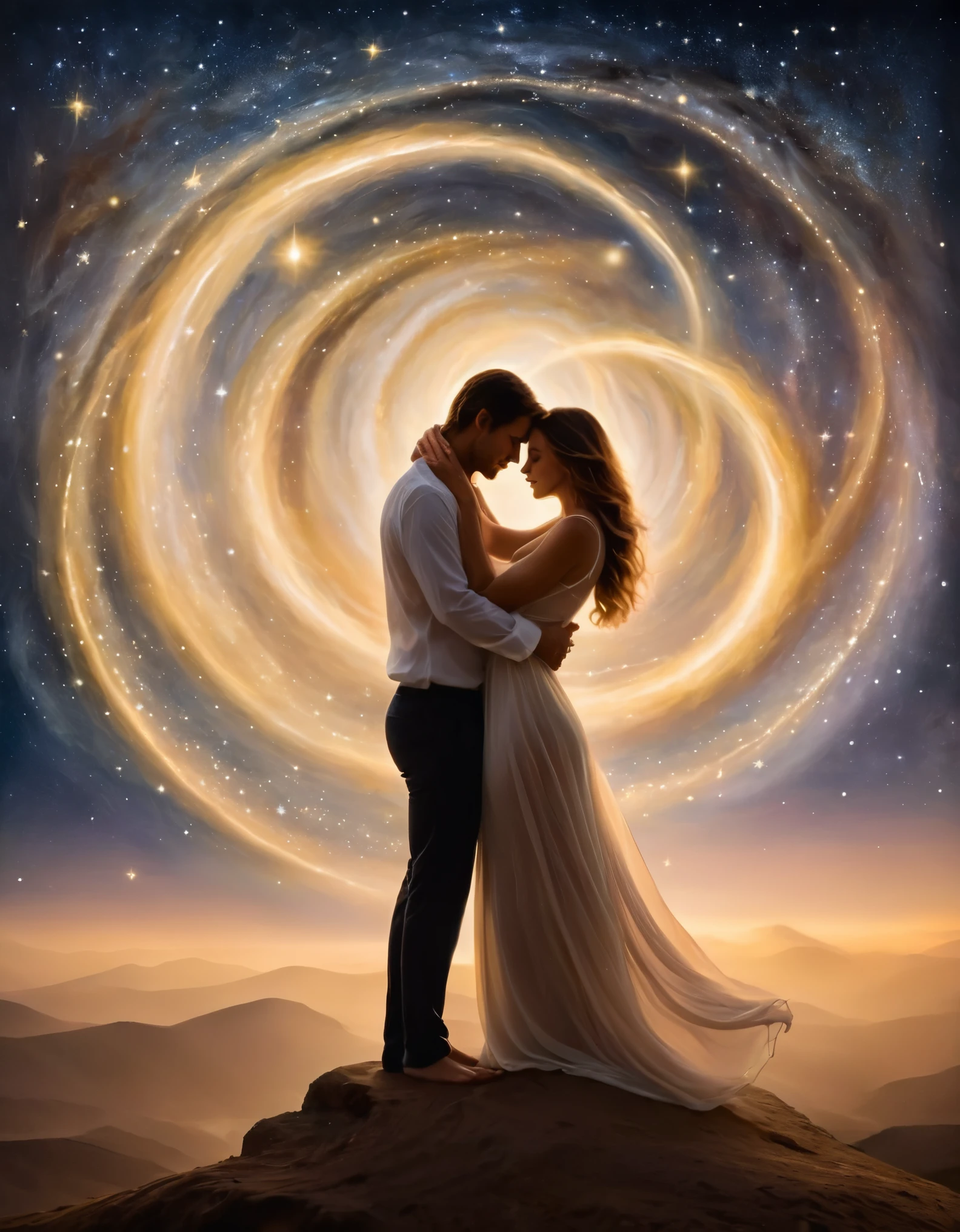 Design a sensual and intimate portrait of two lovers embracing passionately under starlight. Their bodies entwine softly, expressing genuine affection and connection. Delicate tendrils of golden light emanate from their touch points, symbolizing the warmth and intensity of their bond. Surrounding them is a celestial landscape filled with swirling galaxies, planets, and constellations, representing the vastness and mystery of love. Utilize subtle color gradients and soft focus techniques to evoke emotion and intimacy without crossing into explicit territory.