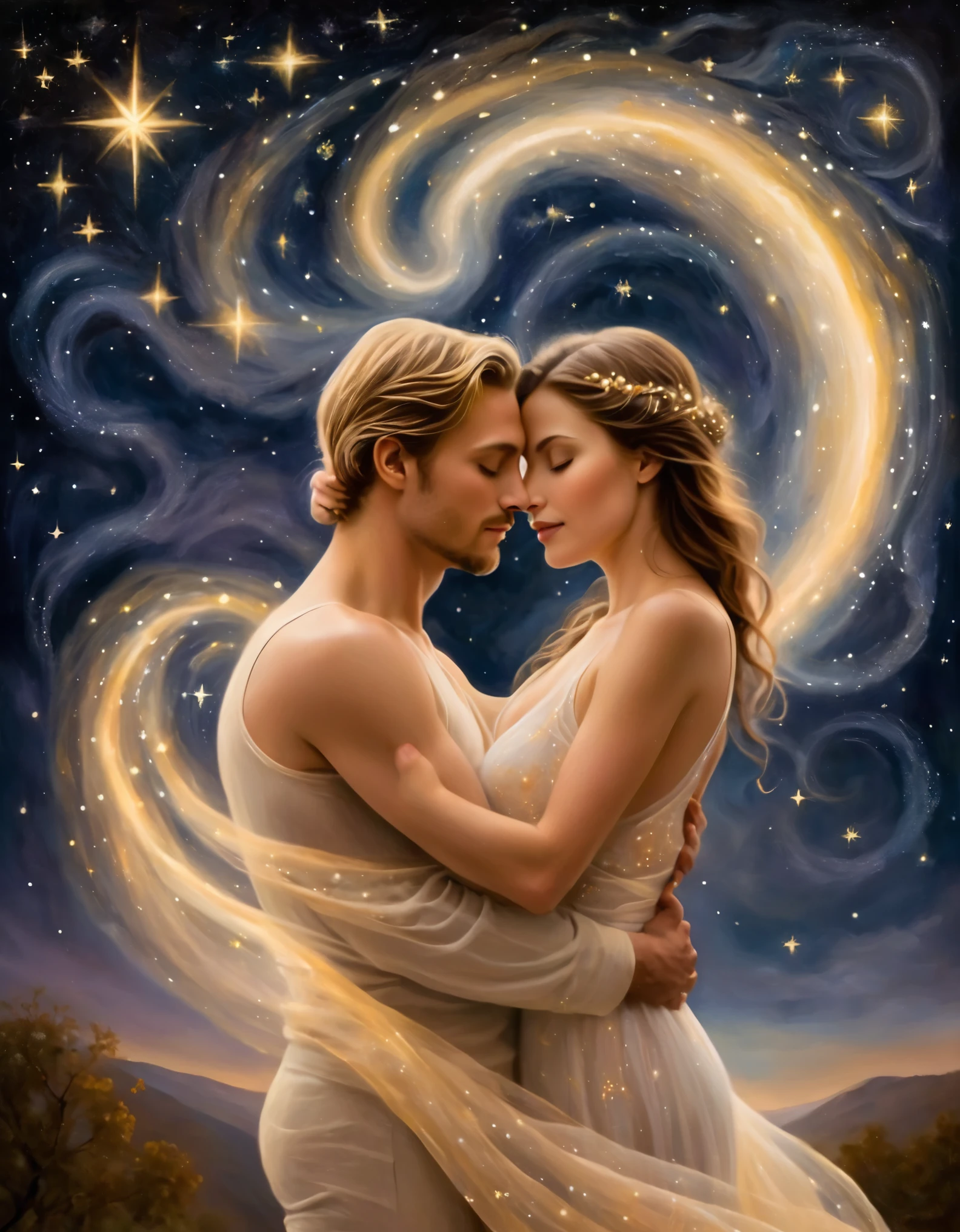 Design a sensual and intimate portrait of two lovers embracing passionately under starlight. Their bodies entwine softly, expressing genuine affection and connection. Delicate tendrils of golden light emanate from their touch points, symbolizing the warmth and intensity of their bond. Surrounding them is a celestial landscape filled with swirling galaxies, planets, and constellations, representing the vastness and mystery of love. Utilize subtle color gradients and soft focus techniques to evoke emotion and intimacy without crossing into explicit territory.