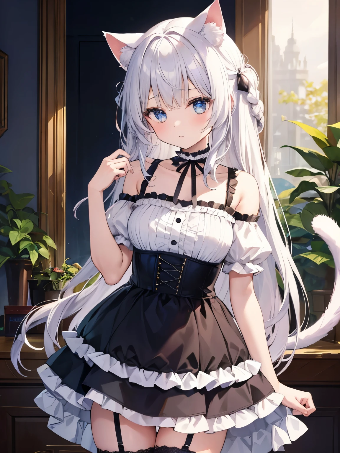 masterpiece, {{{{Highest quality}}}}, beautiful,1 girl, {{{White_long_hair}}}, {{{{One braid extending from the left side of the front hairline to the chest (one side only)}}}}, one side single braid, cat ears(White), cat tail(White), frilled choker、miniskirt_dress, bare_shoulders, garter belt,garter straps