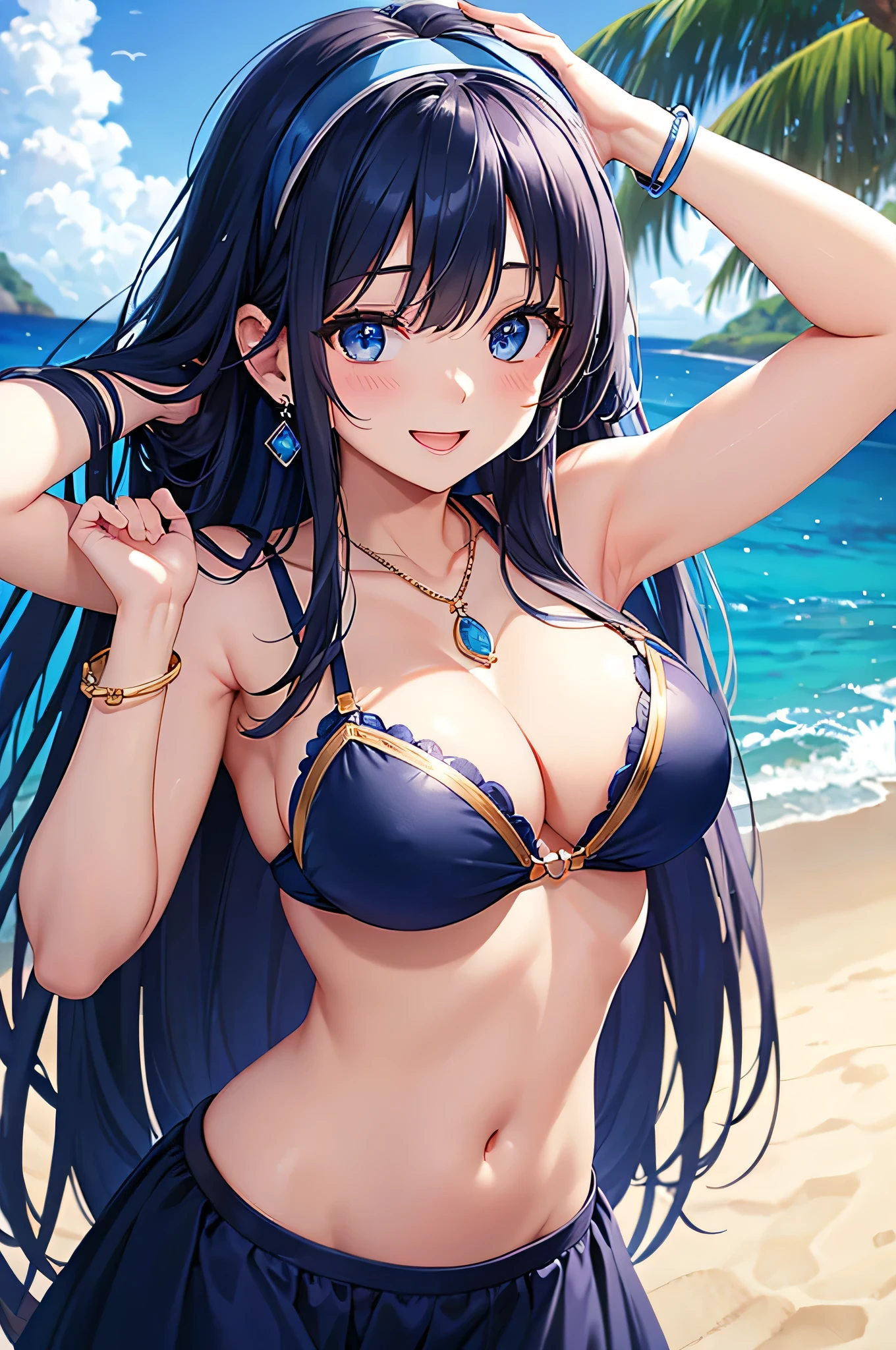 highest quality、highest quality、masterpiece、beautiful girl、Navy blue long hair、blue eyes、Navy Blue Bikini、Big cleavage、(Big Breasts),smile、blue necklace、Blue Earrings、background(Beach)、Please open your mouth wide、White headband、bracelet、Raise your arms and place your hands behind your head,Raise your elbows above your head