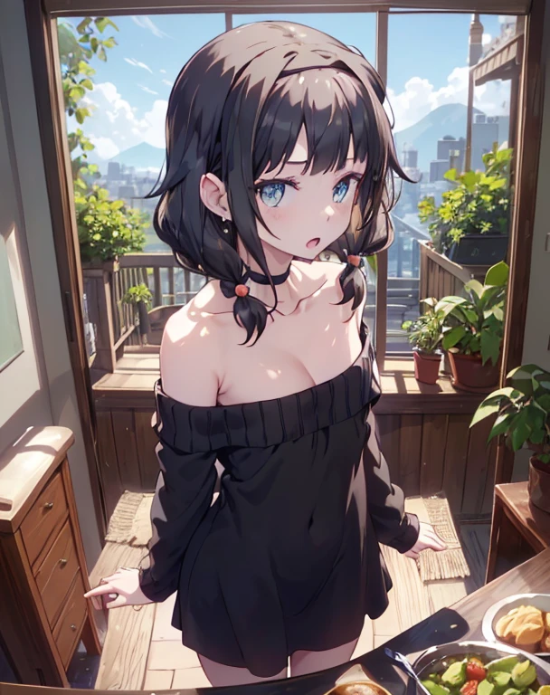 (small breasts:1.3), (perky chest:1.1), (pointed chest:1.0), (fashion magazine cover:1.3),(from above:1.0),(from side:0.9),masterpiece, 1girl, Amazing Cleavage:1.1, thin waist, big ass, Raised sexy, small breast: 1.3, posed cleavage:1.2、solo, looking at viewer, open mouth, have a cute grass of cute beergrass,black hair, dark green eyes, dress, bare shoulders, jewelry, collarbone, sidelocks, hairband, earrings, indoors, off shoulder, :o, sweater, arms behind back, plant, short hair with long locks, gild hairband, off-shoulder dress, sweater dress, off-shoulder sweater, red sweater, dark gord hair, big side hair, very long side hair,is rendered in (masterpiece: 1.2, best quality), with (ultra high resolution) and an exquisite (depth of field). This masterpiece is not only visually stunning but also tells,A scene of cooking in the kitchen by classroom