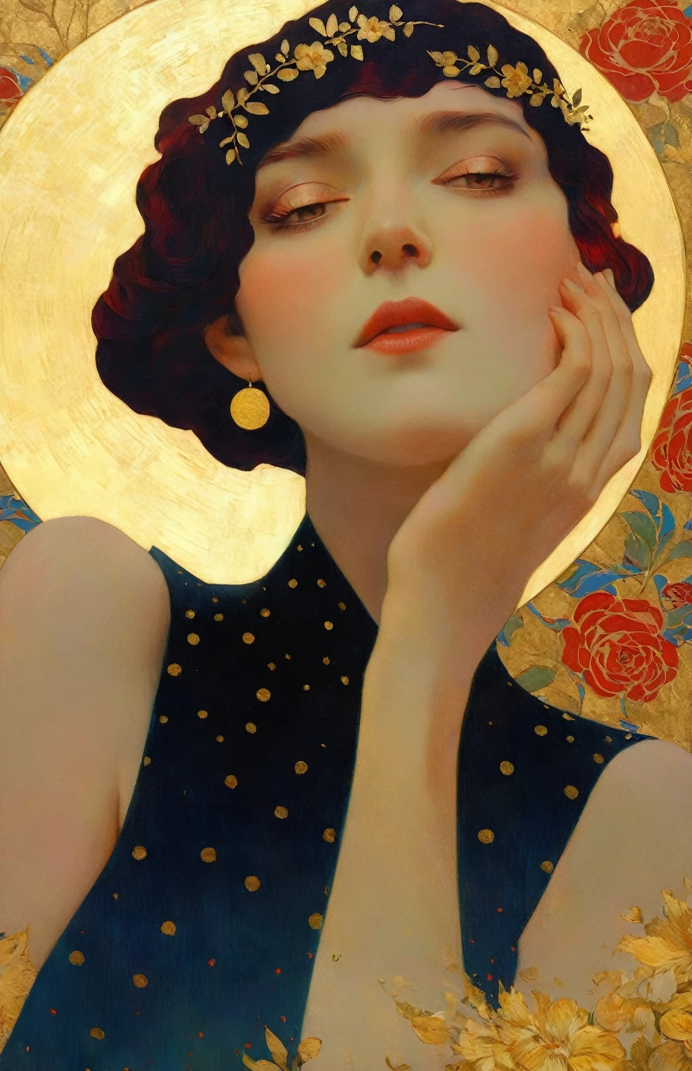 a painting of a woman with a flower crown on her head, flower goddess, woman in flowers, she has a crown of flowers, a goddess in a field of flowers, covered with flowers, mucha klimt and tom bagshaw, girl in flowers, persephone in spring, flower queen, goddess of spring, jinyoung shin art, female portrait with flowers, RAW photo of (adult:1.3),a  female burst of tangy crimson cascades,entwining magic and technology with viscous allure disappears into the shadows,in a neo-expressionist masterpiece of gold embrace,topless,small breasts,hair between eyes,(skinny, thin body:0.4),(chiaroscuro:1.3),(octane render masterpiece,masterpiece scale,beautiful depth of field,ultra wide field,ultra detailed CG perspective,ultra dynamic lighting amazing shadows,dramatic lighting), Convey the sense of inner strength and confidence. Introduce a gentle, atmospheric haze in the environment, creating a soft diffusion of light and giving the impression of gold aura and presence.