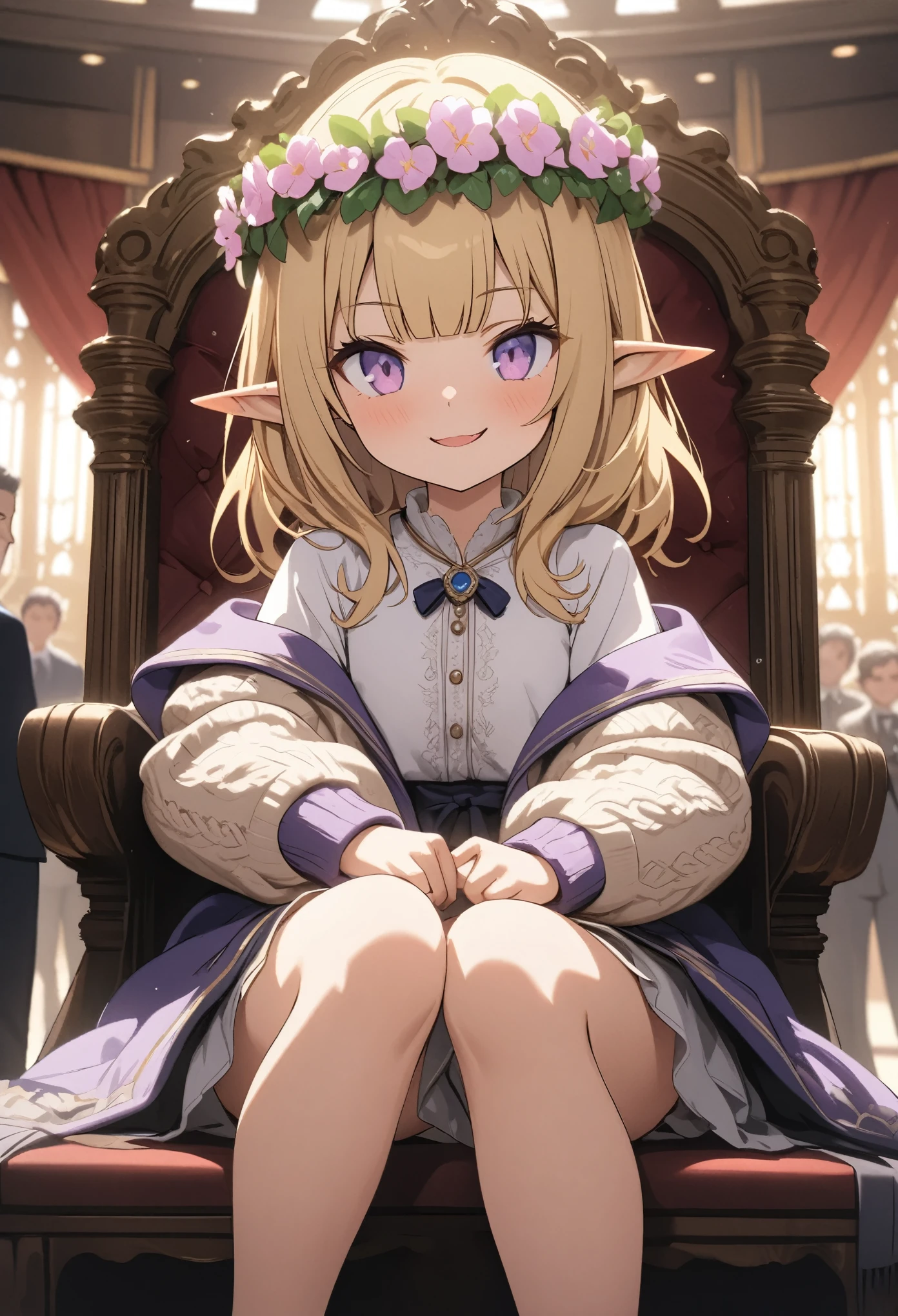 ((Masterpiece)), (Anime:1.3), ((best quality)), (super detail:1.2), (High Definition:1.3), (Professional Photography:1.2), (full body), (), 1girl, cute young girl, (very smirk), open mouth, (Beautiful purple eyes:1.3), (Glossy skin), ((elf girl)), (embroidery Noble cardigan), (small chest), slim body, (loose blunt bangs), unruly hair, (medium hair), ((beautiful blond hair)), (put on noble head wreath), BREAK, ((best quality)), (Sitting on the gorgeous tall throne), (Audience Room at the Royal Castle), (sharp focus), (perfect light), (vibrant color),