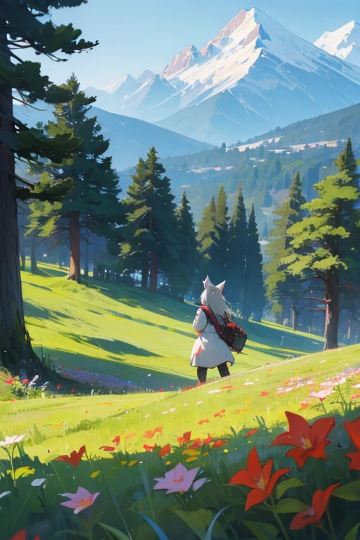 Female anime playing with wolf outdoors trees flowers mountain