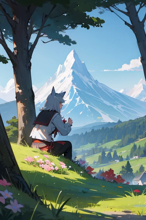 Female anime playing with wolf outdoors trees flowers mountain 
