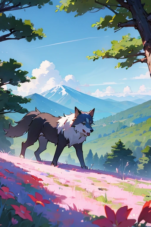 Female anime playing with wolf outdoors trees flowers mountain 