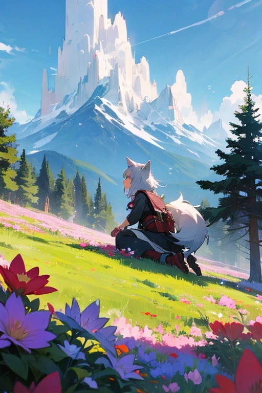 Female anime playing with wolf outdoors trees flowers mountain