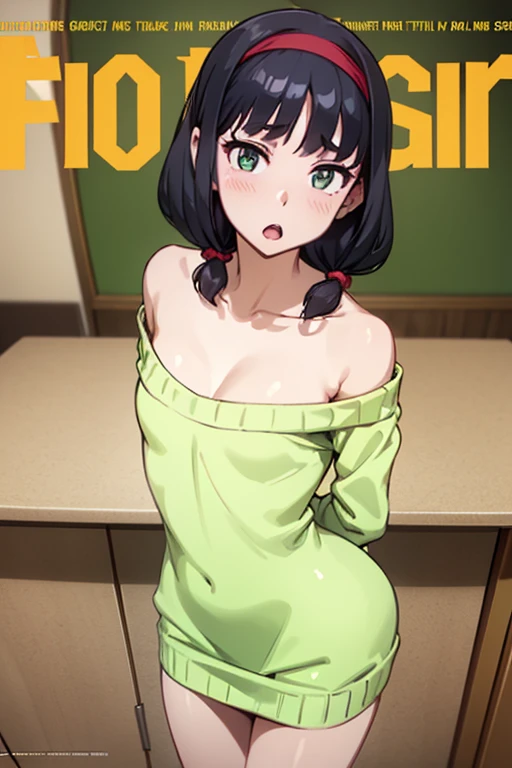 (small breasts:1.3), (perky chest:1.1), (pointed chest:1.0), (fashion magazine cover:1.3),(from above:1.0),(from side:0.9),masterpiece, 1girl, Amazing Cleavage:1.1, thin waist, big ass, Raised sexy, small breast: 1.3, posed cleavage:1.2、solo, looking at viewer, open mouth, have a cute grass of cute beergrass,black hair, dark green eyes, dress, bare shoulders, jewelry, collarbone, sidelocks, hairband, earrings, indoors, off shoulder, :o, sweater, arms behind back, plant, short hair with long locks, gild hairband, off-shoulder dress, sweater dress, off-shoulder sweater, red sweater, dark gord hair, big side hair, very long side hair,is rendered in (masterpiece: 1.2, best quality), with (ultra high resolution) and an exquisite (depth of field). This masterpiece is not only visually stunning but also tells,A scene of cooking in the kitchen by classroom