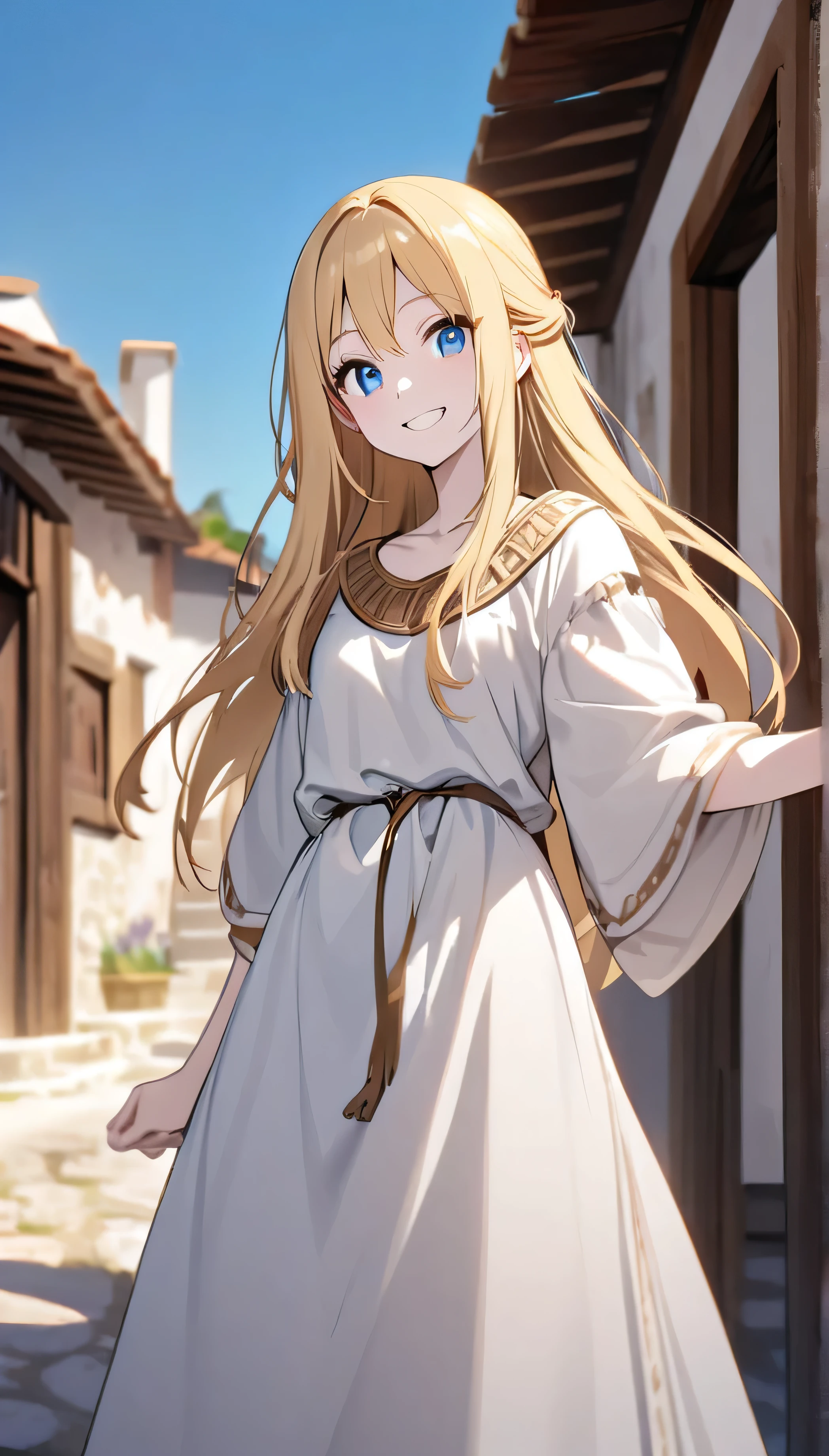 young teenager, blonde hair, long hair, single, woman, greek village, roman tunic, white tunic, blue eyes, smile, standing, happy, roman sandal, slender, pale skin, greek,1girl, sleeved tunic, long tunic