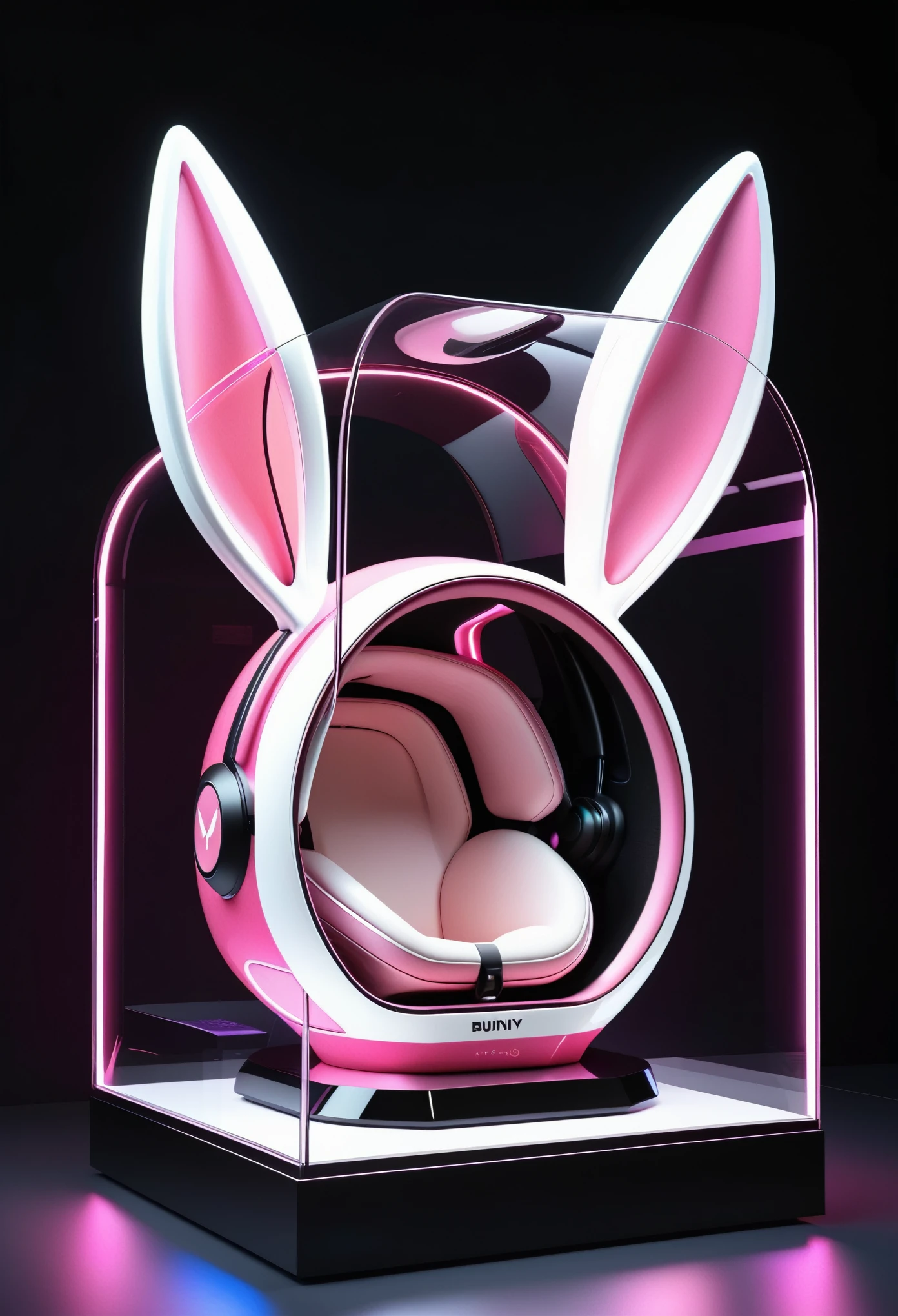 product design，(Bunny ears元素的耳机,Bunny ears:1.2)，Pink and white，Future technology style，Streamlined appearance，Made of carbon fiber material，Rabbit relief pattern，3D Rendering，Unreal Engine 5，Octane Rendering，Ultra-high resolution，In a glass case on the exhibition stand，Luminescence，Indoor lighting,Maximalism，